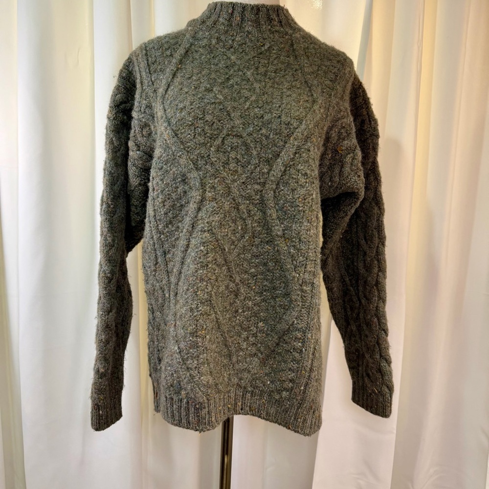 West Highland Woollens Scottish Wool Cable Knit Mock-Neck Sweater in Green/Gray - Picture 2 of 15